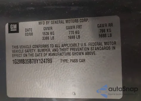 2008 Pontiac Solstice z USA, uszkodzony, nr VIN 1G2MB35B78Y124789